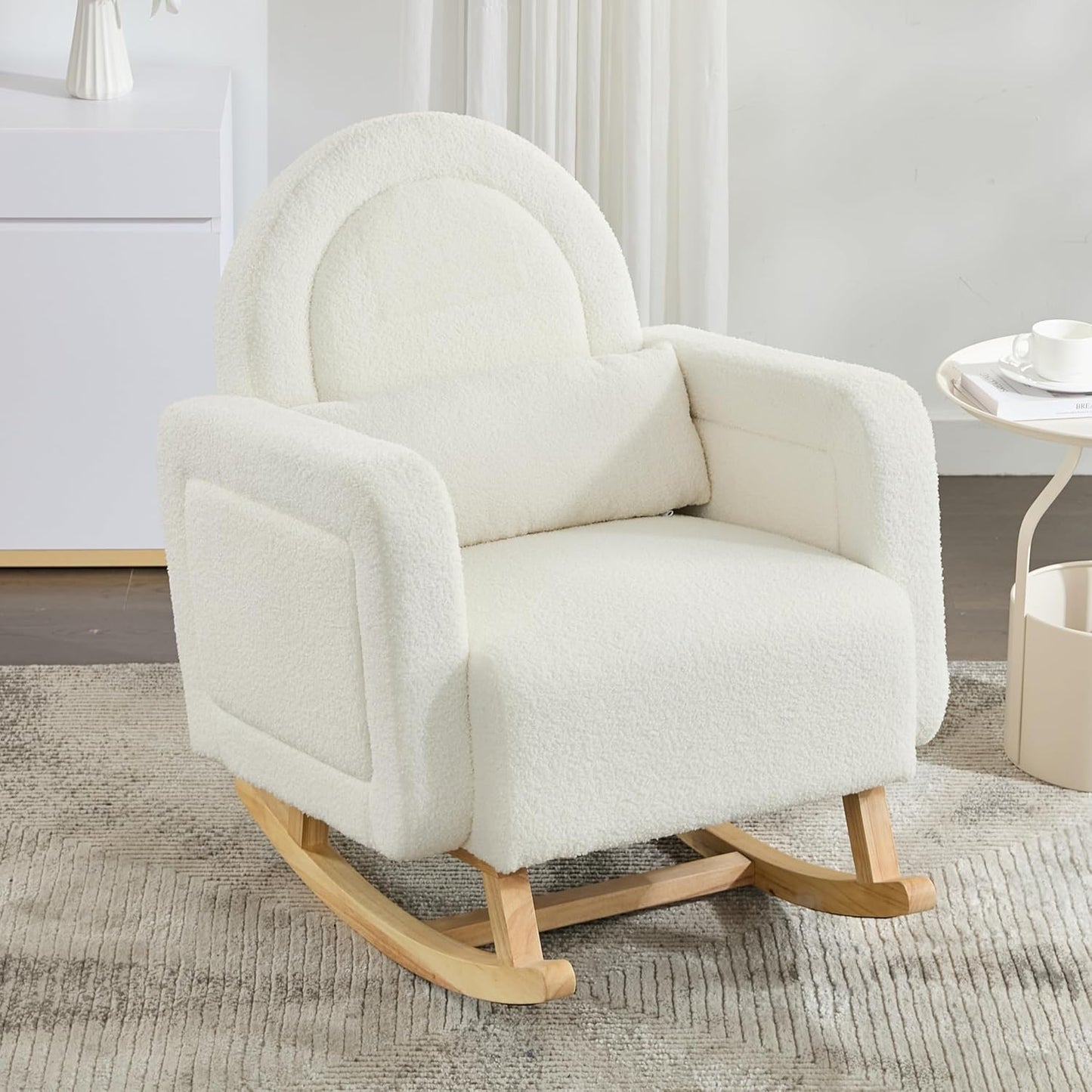 Christopher Knight Home Kiin Wooden Rocking Chair Indoor with Curved Back, Teddy Upholstered Rockers with Pillow, Comfy Accent Chair with Armrest for Bedroom, Living Room, Offices, Cream White