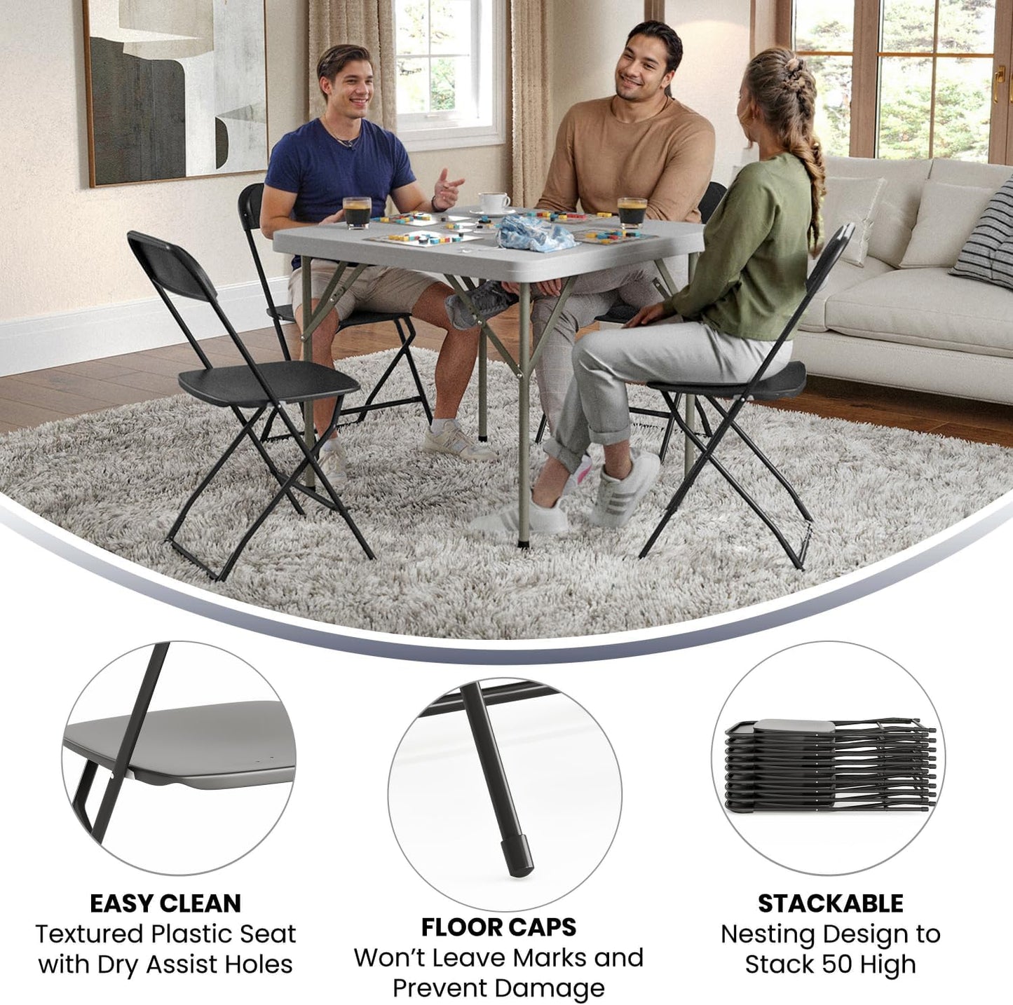 Flash Furniture Hercules Series Plastic Folding Chairs for Parties and Weddings, Stackable Commercial Event Seats with 650-lb. Static Weight Capacity, Set of 4, Black