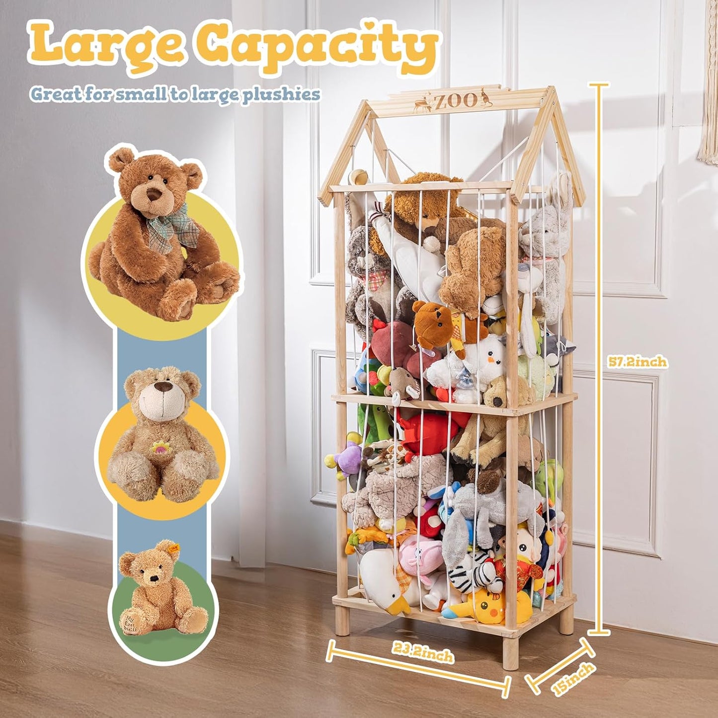 Stuffed Animal Storage, Wooden Stuffed Animal Holder Stuffed Animal Zoo Organizer Cage with Large Capacity, Using for Storing Plushies on Nursery Playroom Bedroom Decor Corner
