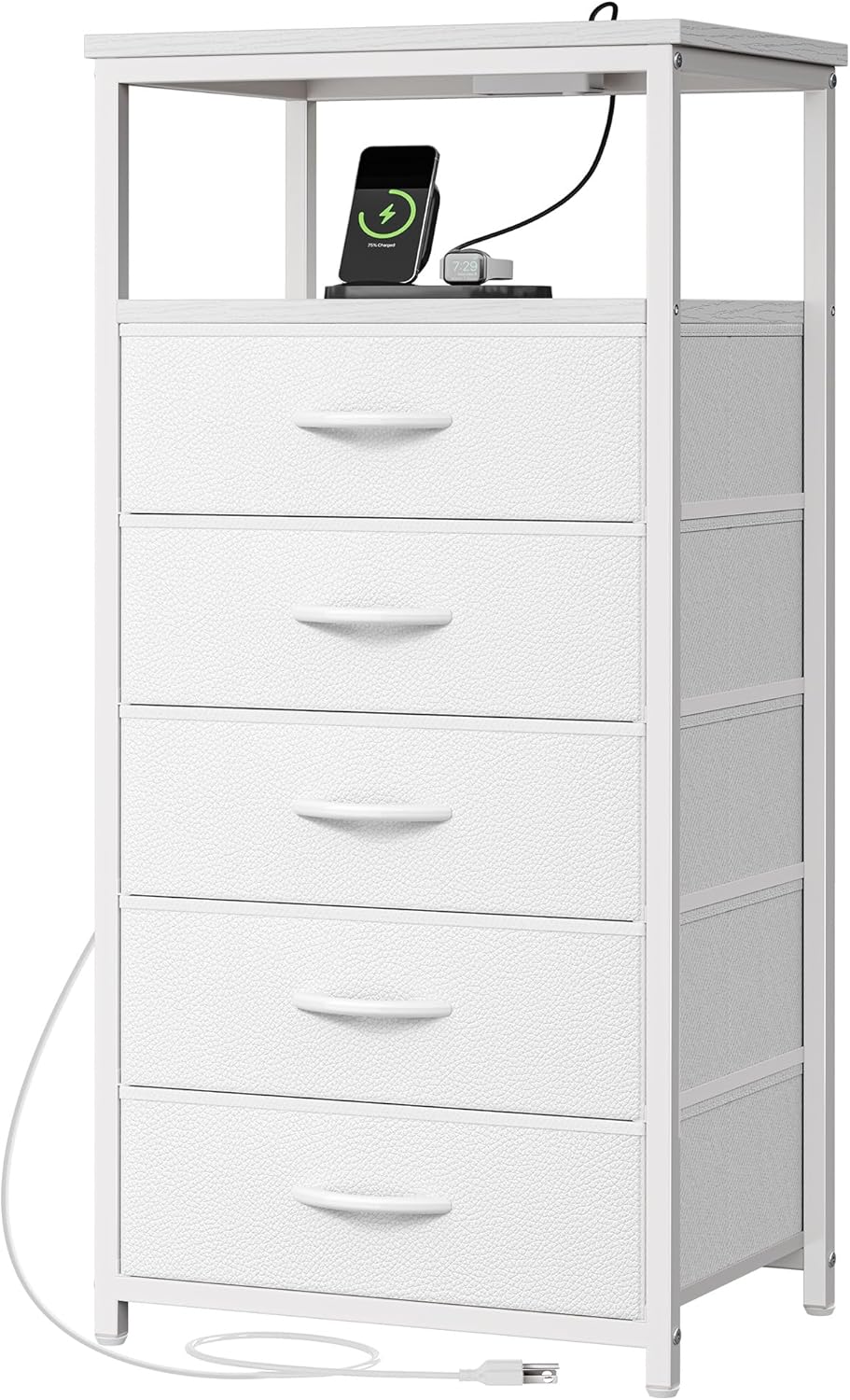 Huuger White Dresser with 5 Drawers & Charging Station, Tall Dresser for Bedroom, Tall Night Stand with PU Leather Finish, Open Shelf, Nightstand for Bedroom, Closet, Hallway, Entryway