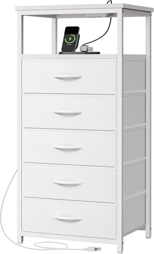 Huuger White Dresser with 5 Drawers & Charging Station, Tall Dresser for Bedroom, Tall Night Stand with PU Leather Finish, Open Shelf, Nightstand for Bedroom, Closet, Hallway, Entryway