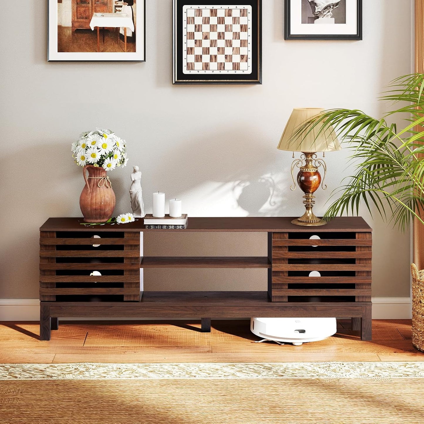 HollyHOME Wood TV Stand for TVs up to 65", Mid Century TV Stand with Storage, Modern Entertainment Center with Fence Door, Accent TV Media Console Table for Living Room, 53"(L), Retro Brown