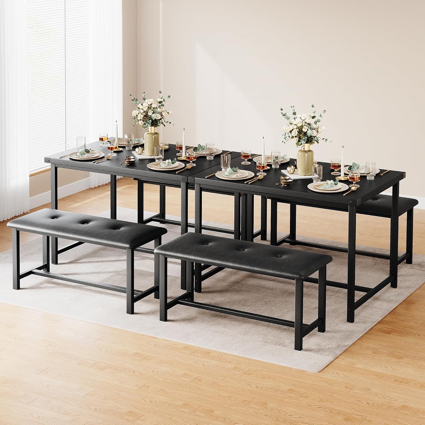Dining Table Set for 4, Kitchen Table with 2 Upholstered Benches, 3-Piece Dining Room Set for Kitchen, Apartment and Small Spaces, Black