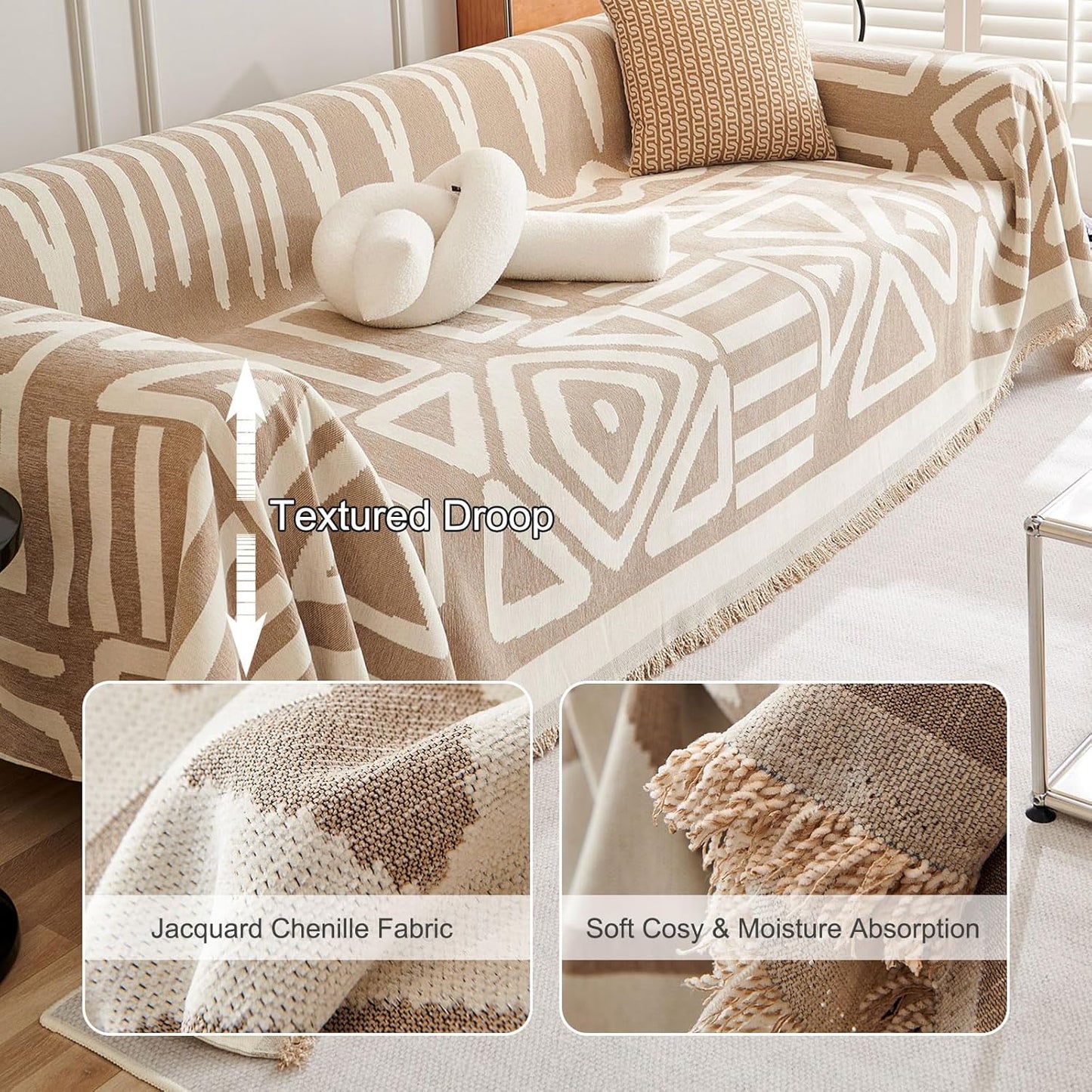 STACYPIK Reversible Khaki Beige Couch Cover Boho Couch Cover for Dogs with Tassels Anti-Slip Furniture Protector for 2 Cushion Couch Versatile Sofa Protector Washable Loveseat Cover Decor-71X102IN