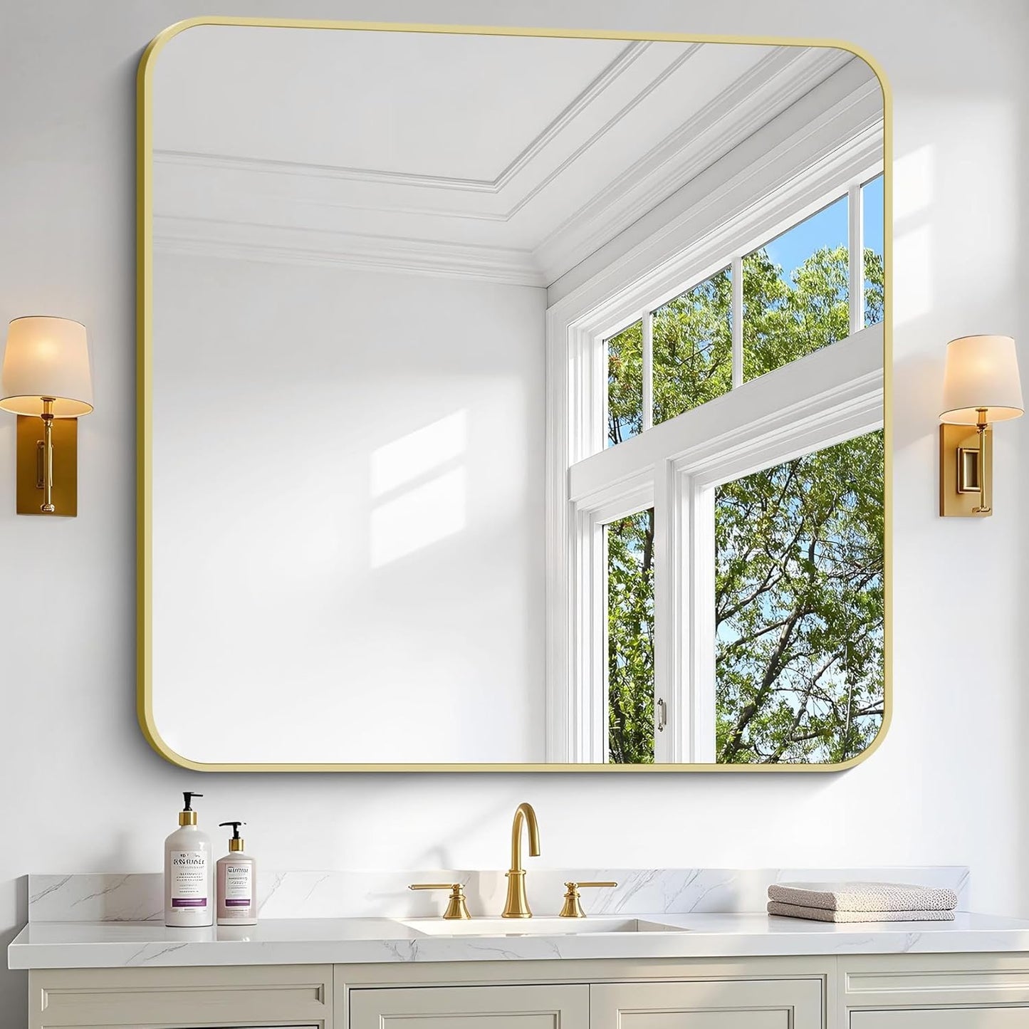 Gold Bathroom Mirror, 42x42 Inch Metal Framed Square Mirror, Rounded Corner Gold Vanity Mirror, Large Wall Mounted Mirrors for Living Room Bedroom Entryway Hangs Horizontal or Vertical