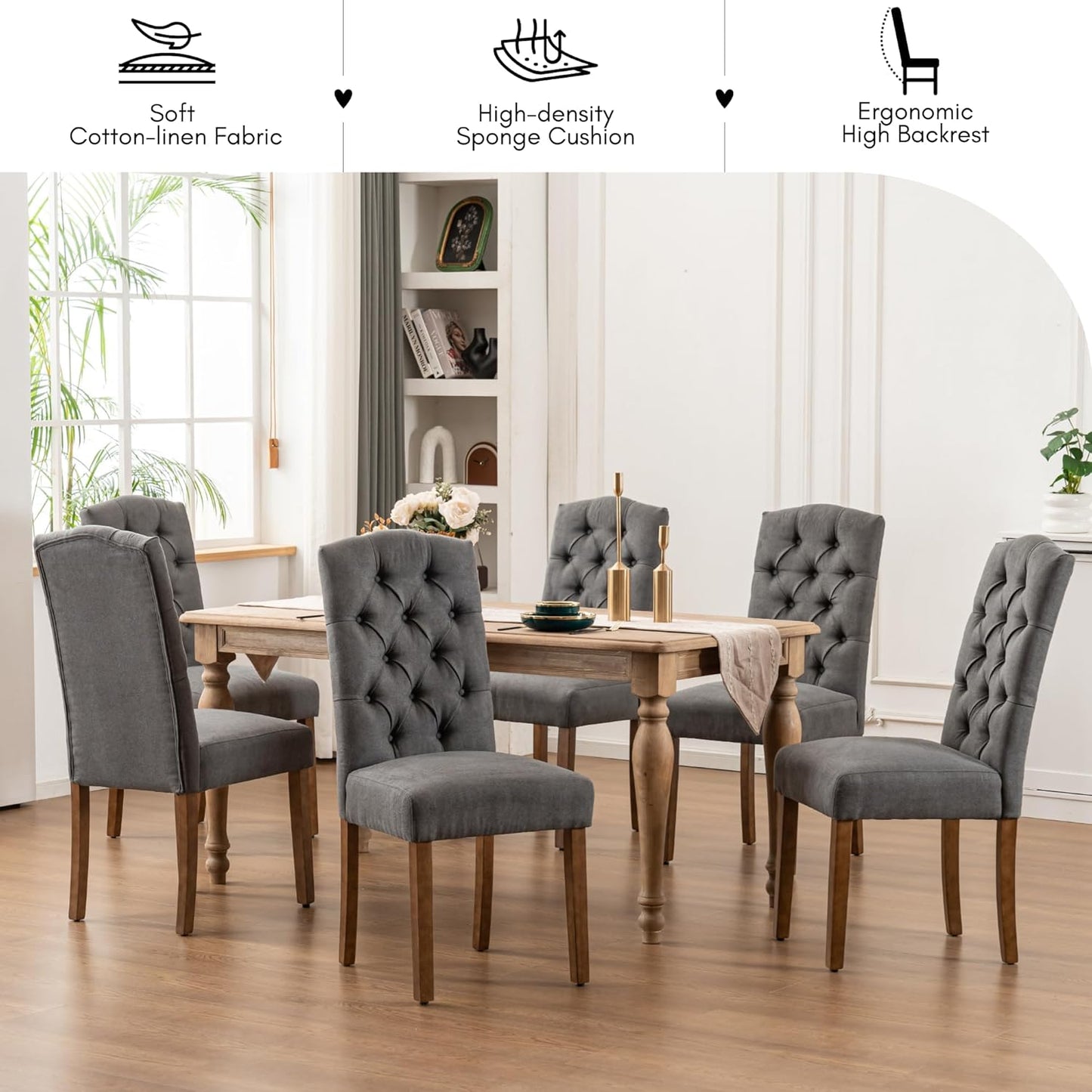 Tufted Upholstered Parsons Dining Chair Set Fabric Diner Accent Stylish Modern Kitchen Living Room with Button Sturdy Solid Wood Legs