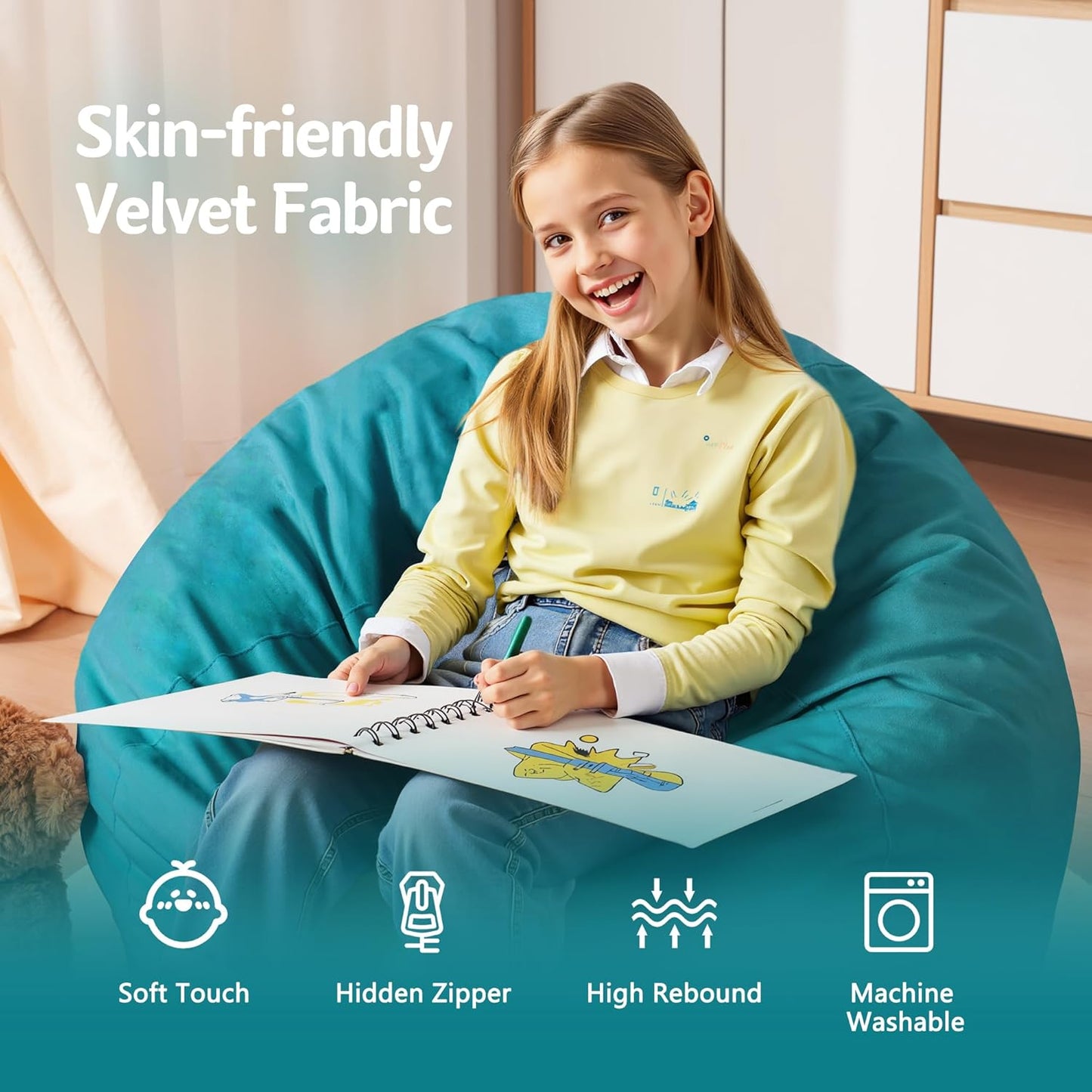 Homguava 2FT Bean Bag Chair: 2' Bean Bags with Memory Foam Filled,Comfy Beanbag Chairs Round Bean Bag Sofa with Dutch Velvet Cover-Sea Blue