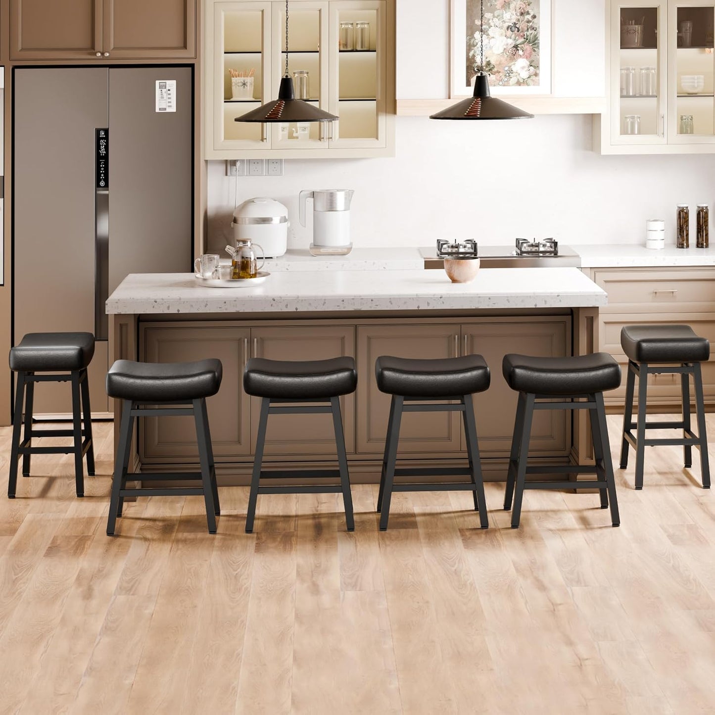 Counter Height Bar Stools Set of 6, 24 Inch Backless BarStools for Kitchen Island Leather Saddle Bar Chairs Kitchen Stools with 4" Thick Seats & Heavy Duty Metal Base, Black
