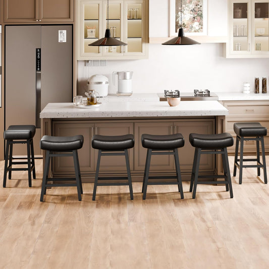Counter Height Bar Stools Set of 6, 24 Inch Backless BarStools for Kitchen Island Leather Saddle Bar Chairs Kitchen Stools with 4" Thick Seats & Heavy Duty Metal Base, Black