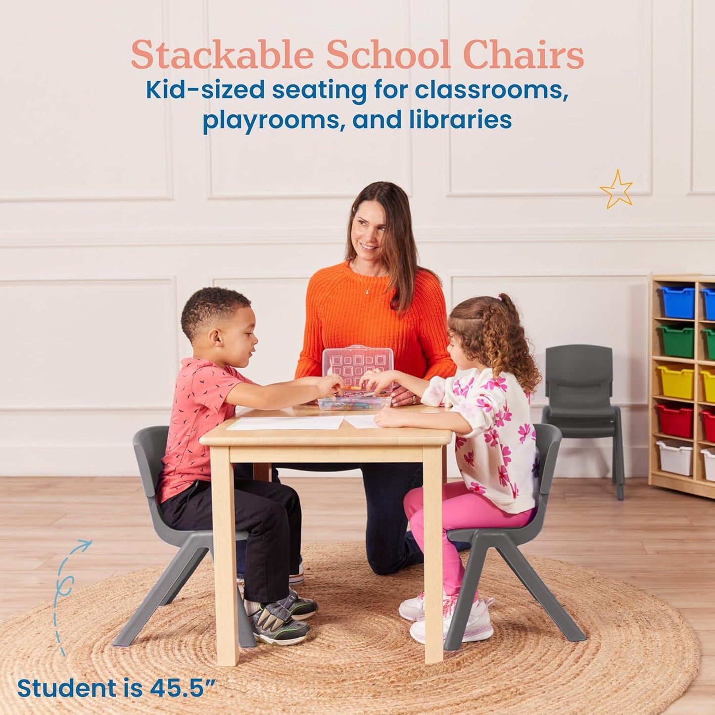ECR4Kids 12in Plastic School Stack Chair, Classroom Furniture, Grey, 4-Pack