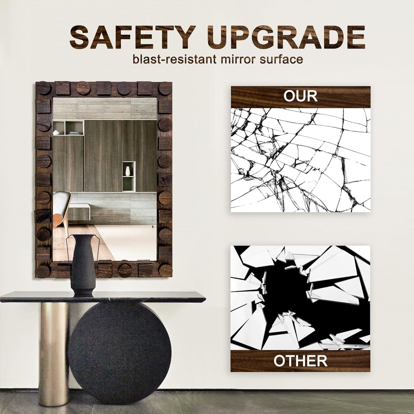 36x24 Inch Handcrafted Solid Wood Square Wall Mirror with Geometric Wood Inlay Design, Rustic Natural Texture for Bathroom, Bedroom, Living Room Decor