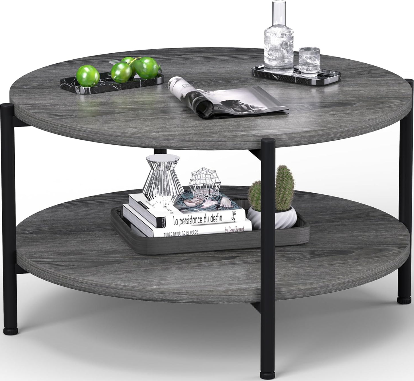 Coffee Table, 2 Tier Coffee Tables for Living Room, Round Coffee Table with Storage, Floor Table for Bedroom, Home Office, Rustic Brown (27.6" D x 18.1" H)