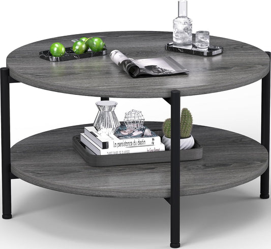 Coffee Table, 2 Tier Coffee Tables for Living Room, Round Coffee Table with Storage, Floor Table for Bedroom, Home Office, Rustic Brown (27.6" D x 18.1" H)