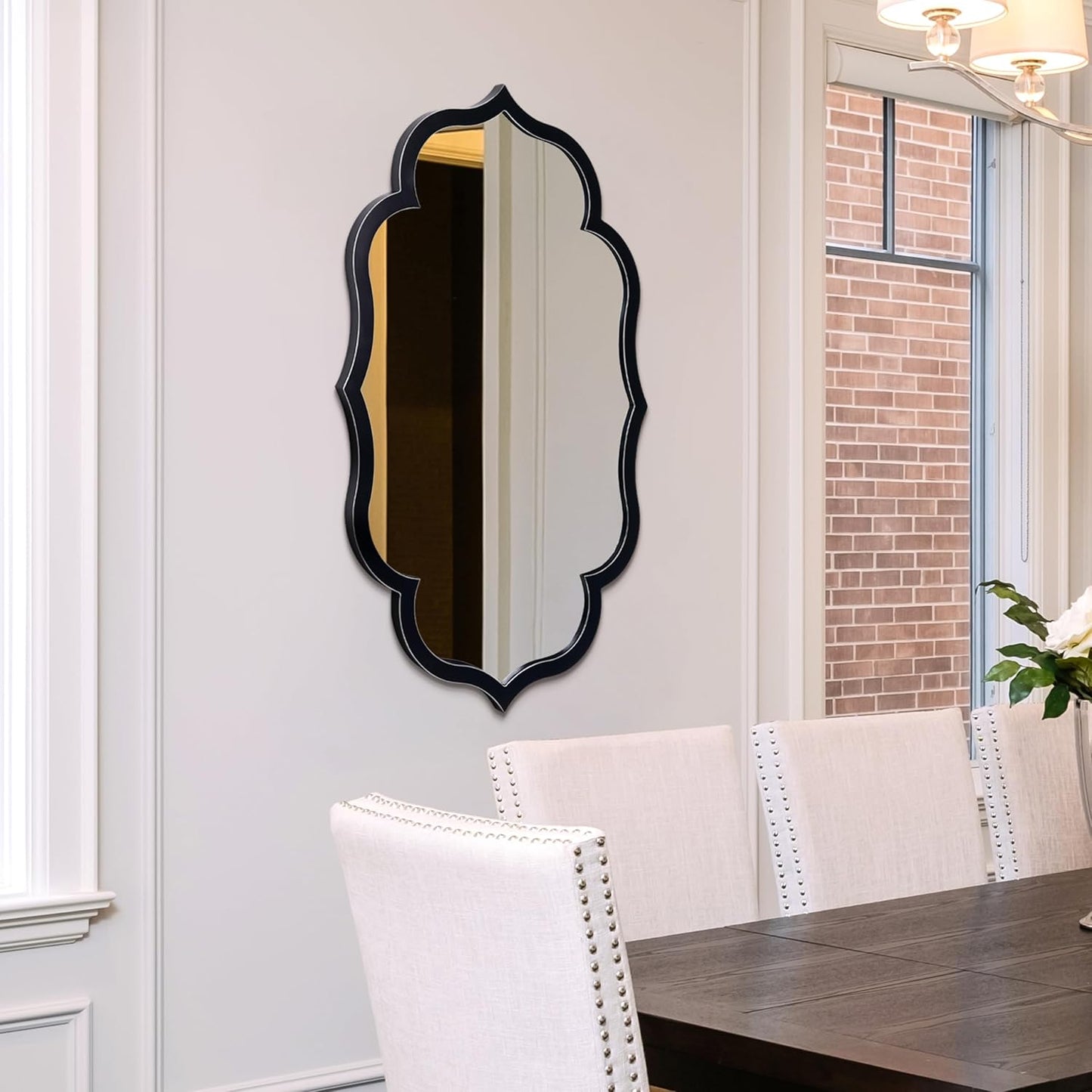 Empire Art Direct Curved Scalloped Wall Mirror on Black Matte Frame with Washed White Edges, Living Room, Bedroom & Office, 24" x 40" x 1"