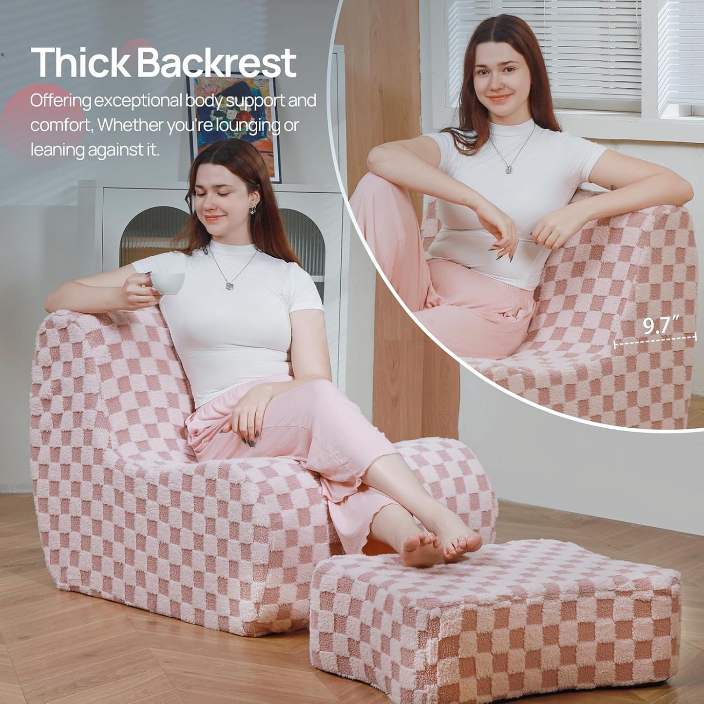 Giant Bean Bag Chair for Adults with Ottoman, Teddy Fabric Beanbag Chair with Memory Foam Filled,Plush Lazy Floor Sofa with Footstool Couch for Living Room,Bedroom,Dorm, Apartment, Pink