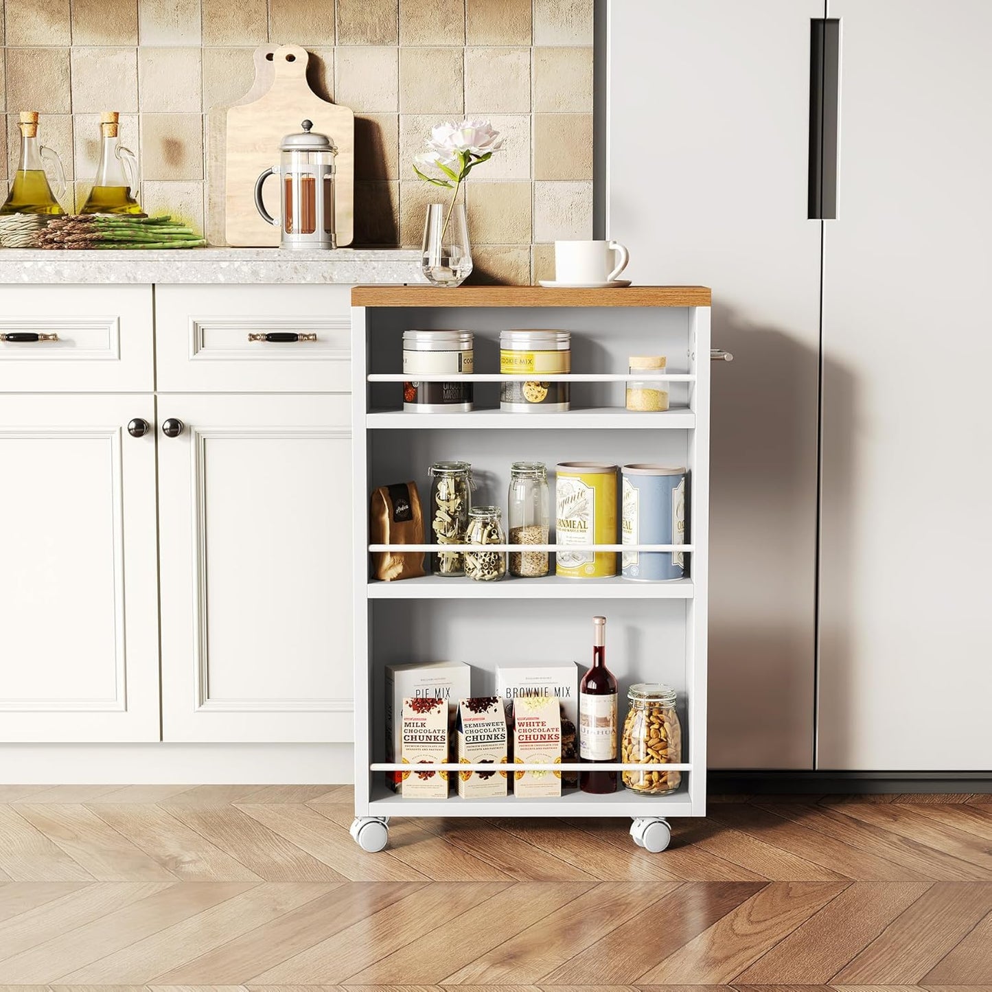 LITTLE TREE 4 Tier Rolling Cart with Wheels, 6.3 Inch Slim Storage Cart, Wooden Snack Cart with Narrow Shelf, White Laundry Room and Bathroom Organizer Shelves