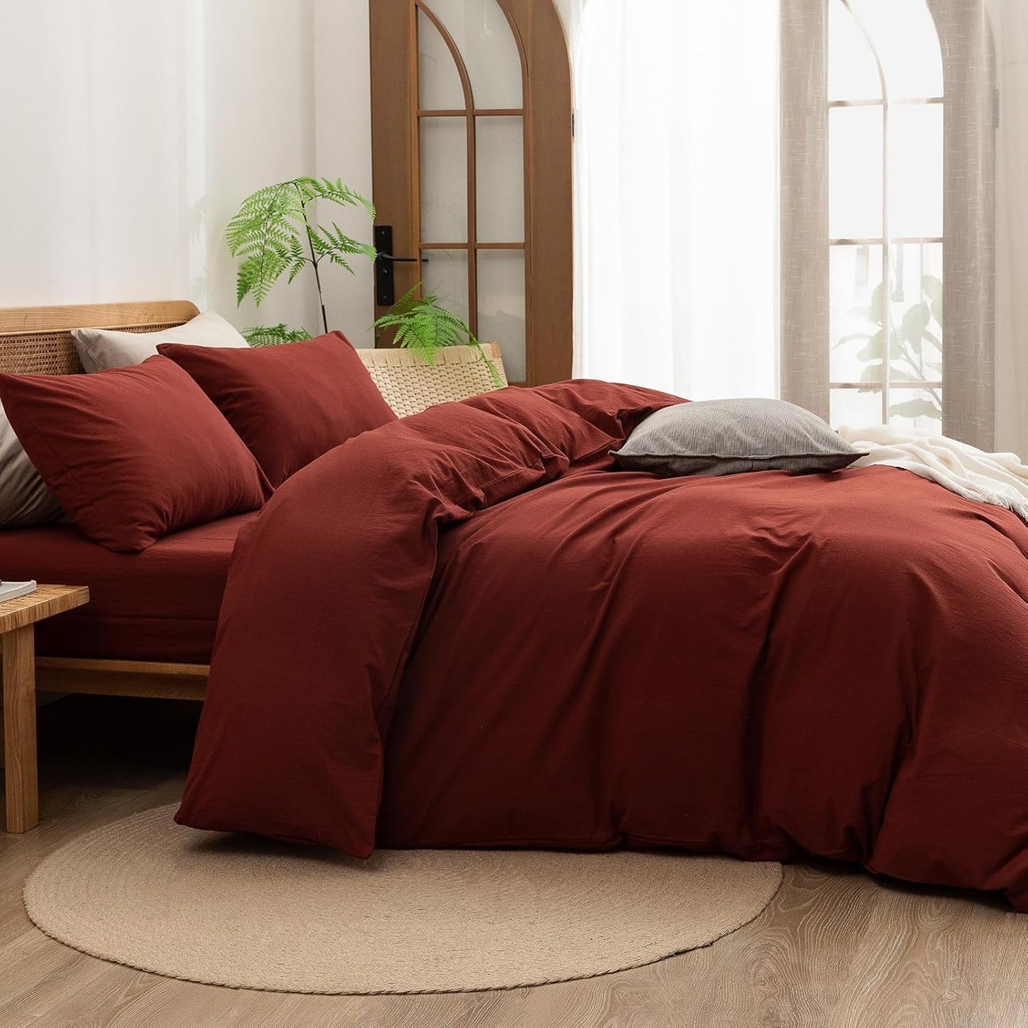 BESTOUCH Duvet Cover Set 100% Washed Cotton Linen Feel Super Soft Comfortable Chic Lightweight 3 PCs Home Bedding Set Solid Fired Brick Red Super King