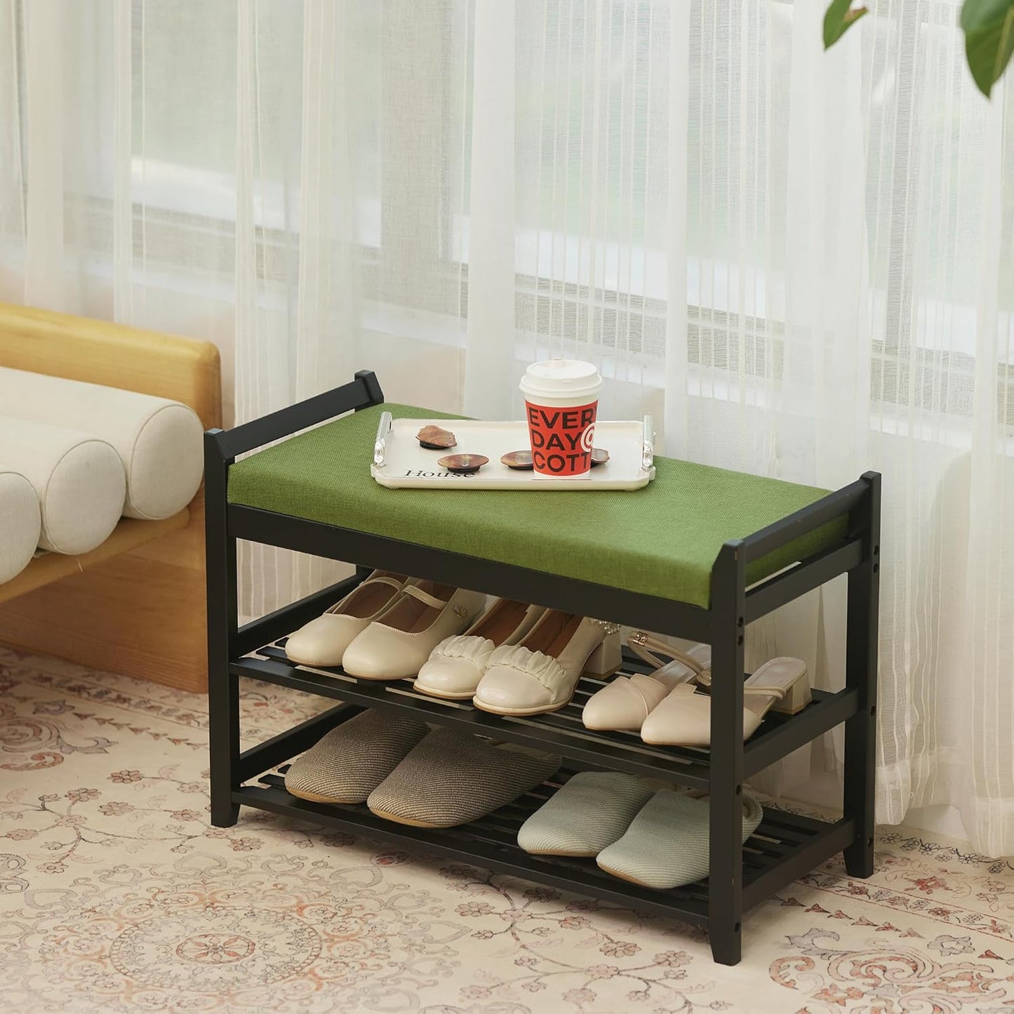 Shoe Rack Bench with Storage 27.6 in, Black Shoe Storage Bench with Cushion for Entryway, Hallway, Bedroom, Living Room