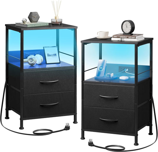 WLIVE Night Stand Set of 2 with Charger Station, Black Nightstand Sets with 2 Fabric Drawers and Storage Shelf, LED Bedside Table, Bedroom Small End Tables with 3 USB Ports and 2 AC Outlets