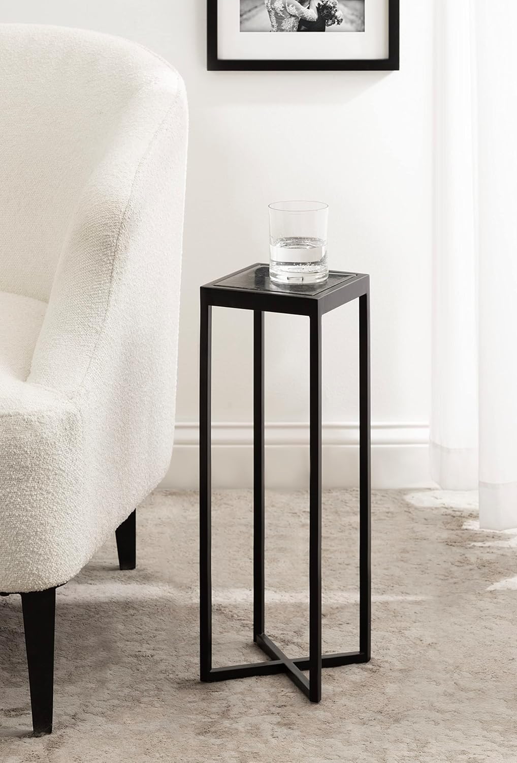 Kate and Laurel Jaspur Modern Square Drink Table, 7 x 7 x 21, Black and Black Marble, Decorative Contemporary Accent Table for Stylish Display and Storage