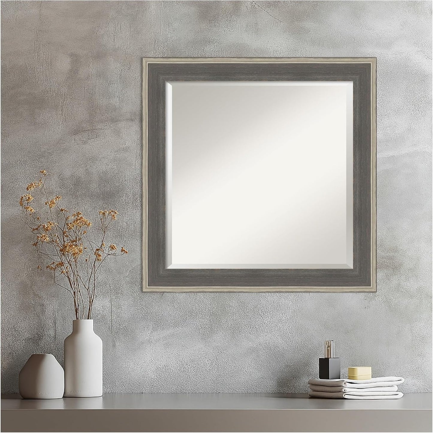 Amanti Art Grey Wall Mirror 25x25 Cottage Grey Silver Square Bathroom Mirror for Wall Decor Living Room, Medium Casual Wood Frame, Hangs Horizonally and Vertically, Bathroom Decor, Beveled Edge