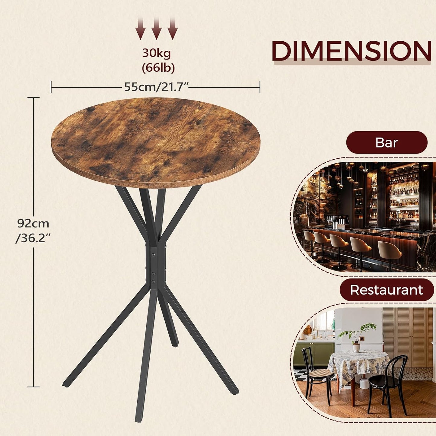 Bar Table, Round High Top Pub Table, 36.2'' Tall Cocktail Table, Metal Frame, Industrial Style, for Small Space, Bistro, Cafe, Banquet, Restaurant, Rustic Brown and Black BTHR12701