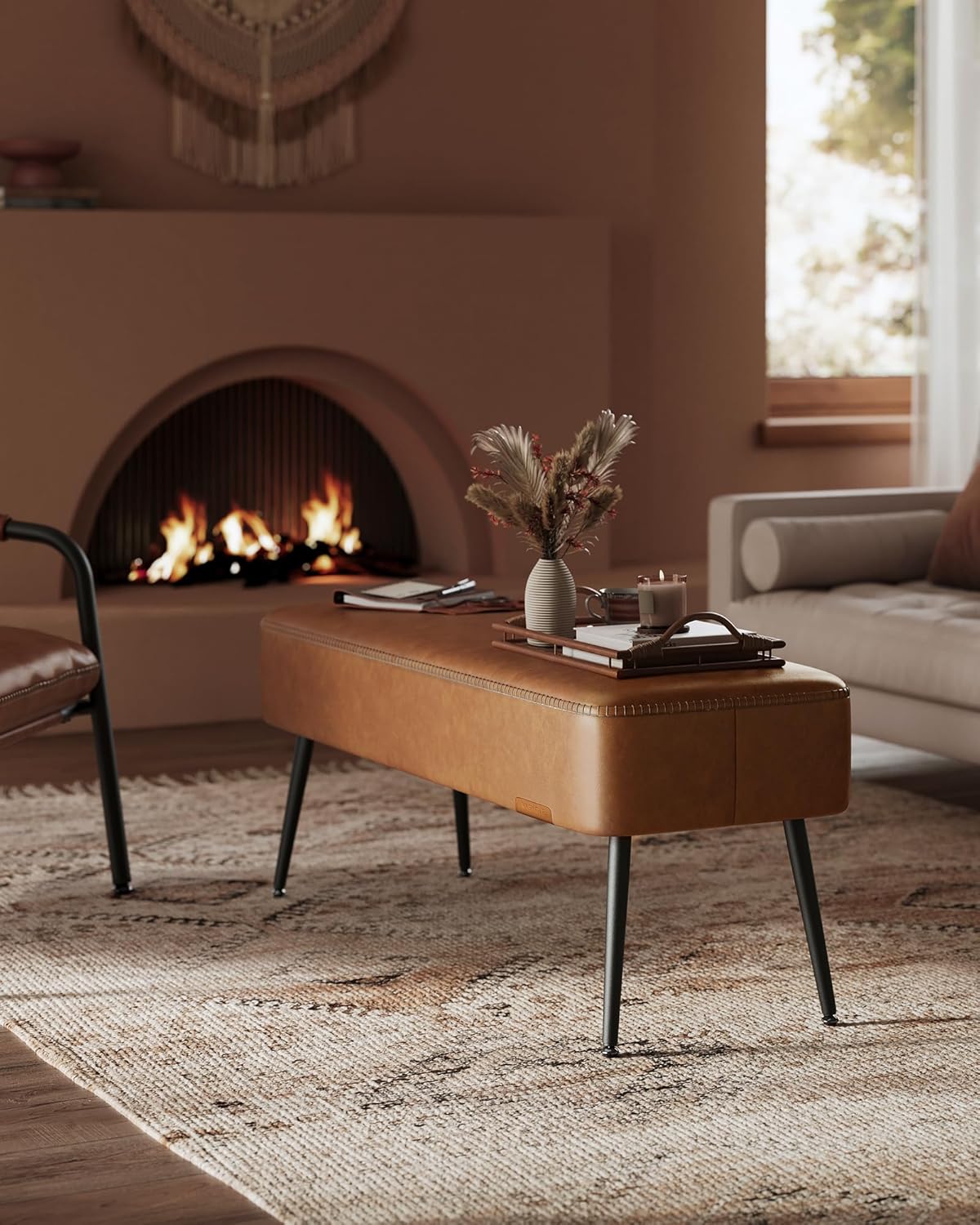 VASAGLE EKHO Collection - Bench for Entryway Bedroom, Synthetic Leather with Stitching, Ottoman Bench with Steel Legs, Living Dining Room, Mid-Century Modern, Loads 660 lb, Caramel Brown ULOM076K01