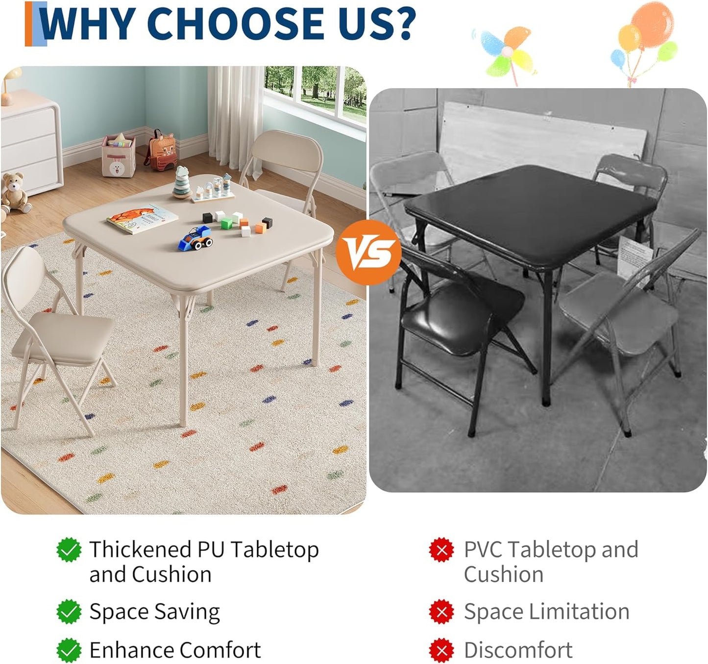 GarveeHome 3-Piece Kids Folding Table and Chairs Set, Toddlers Children's Activity Table and Chairs Set for Dining Room,Daycare,Classrooms