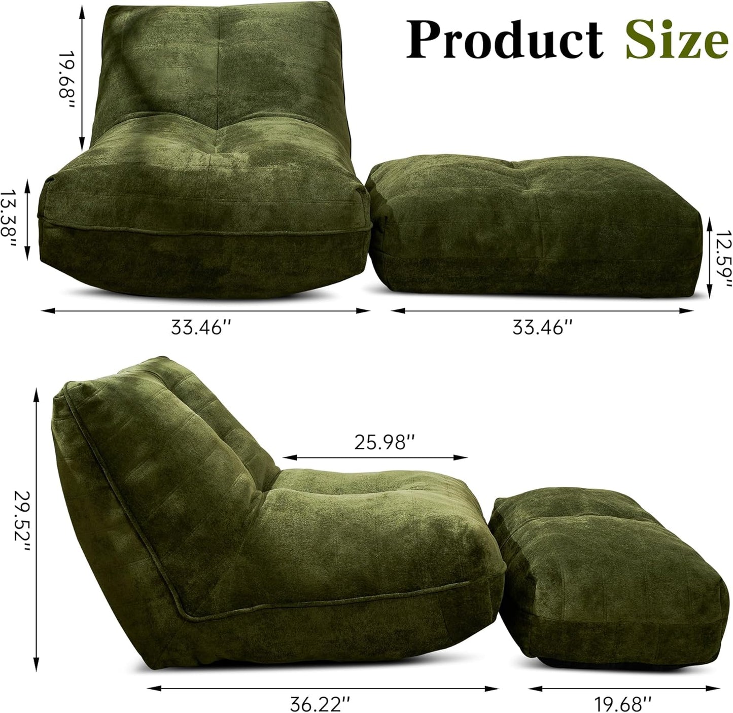 Bean Bag Chair with Ottoman, Comfy Bean Bag Sofa with Memory Foam, Lazy BeanBag Sofa with Footstool, Fireside Bean Bag Couch for Living Room, Bedroom, Apartment (Green)