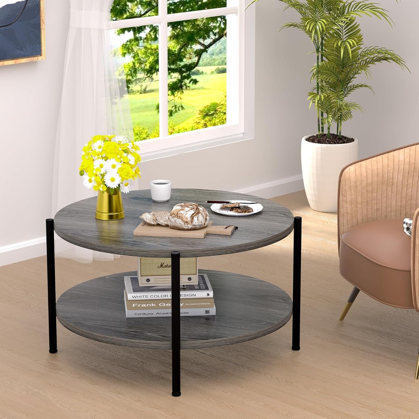 Coffee Table, 2 Tier Coffee Tables for Living Room, Round Coffee Table with Storage, Floor Table for Bedroom, Home Office, Rustic Brown (27.6" D x 18.1" H)