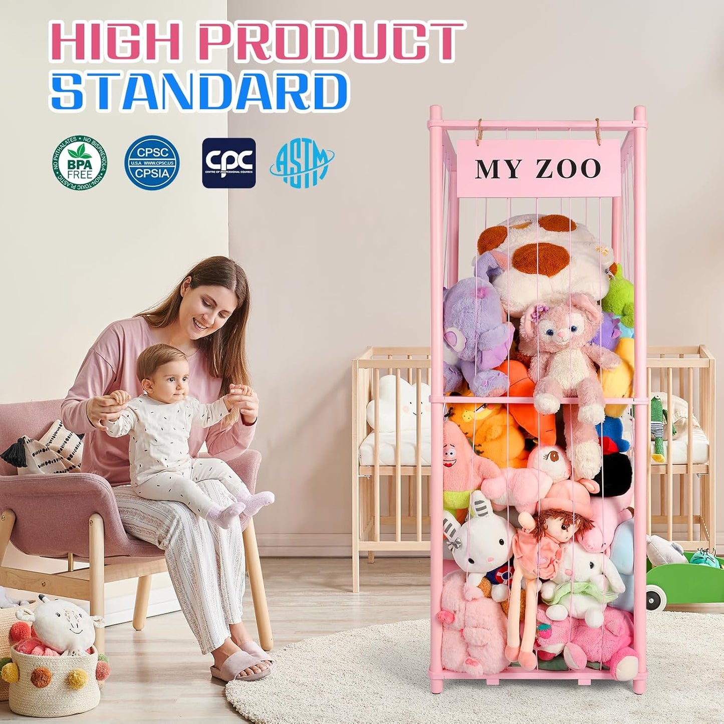 Stuffed Animal Storage Zoo, Wooden Stuffed Animal Organizer with Elastic Cords for Boys Girls, Space Saving Toy Plushies Storage Holder for Playroom, Bedroom, Living Room (Pink, Large)