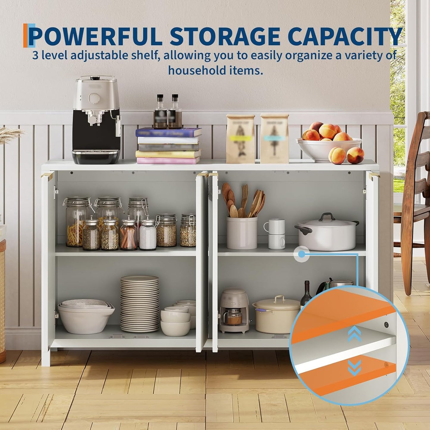 Buffet Cabinet with Storage, 55" Sideboard with 4 Doors and Adjustable Shelves, Modern Credenza Buffet Table Media Console for Dining Room Living Room Entryway, White