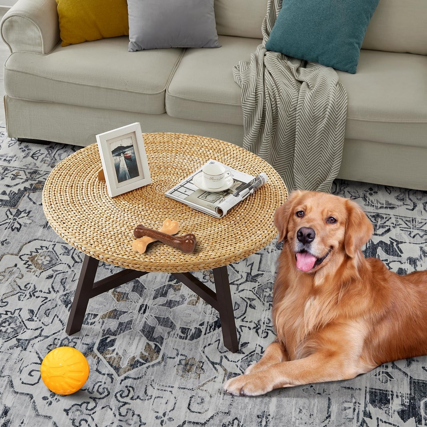 RANDEFURN Coffee Table Round, Seagrass Coffee Tables,Pine Wood X Base Frame Cocktail Table, Easy Assembled, Multiple Sizes for Living Room, Solid Wood Table,32 x 17 Inches,Natural