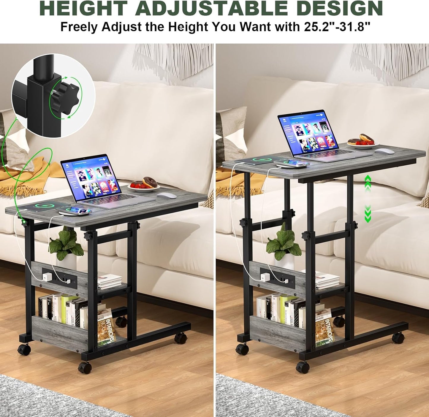 C Shaped End Table Height Adjustable - Couch Side Table with Charging Station, TV Tray with Wheels Slide Under Sofa for Wall Shelf with Hooks for Bedroom, Bathroom, Living Room, Grey