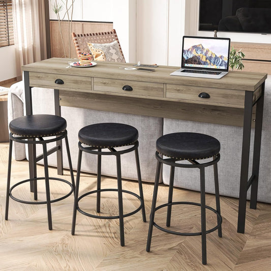 KEIKI 60.24” Long Bar High Top Dining Table and 3 Stools Chairs Set with Drawer & Power Outlet, Wood Behind Couch Sofa Counter Height Pub Furniture for Breakfast, Kitchen Living Party Room, Black