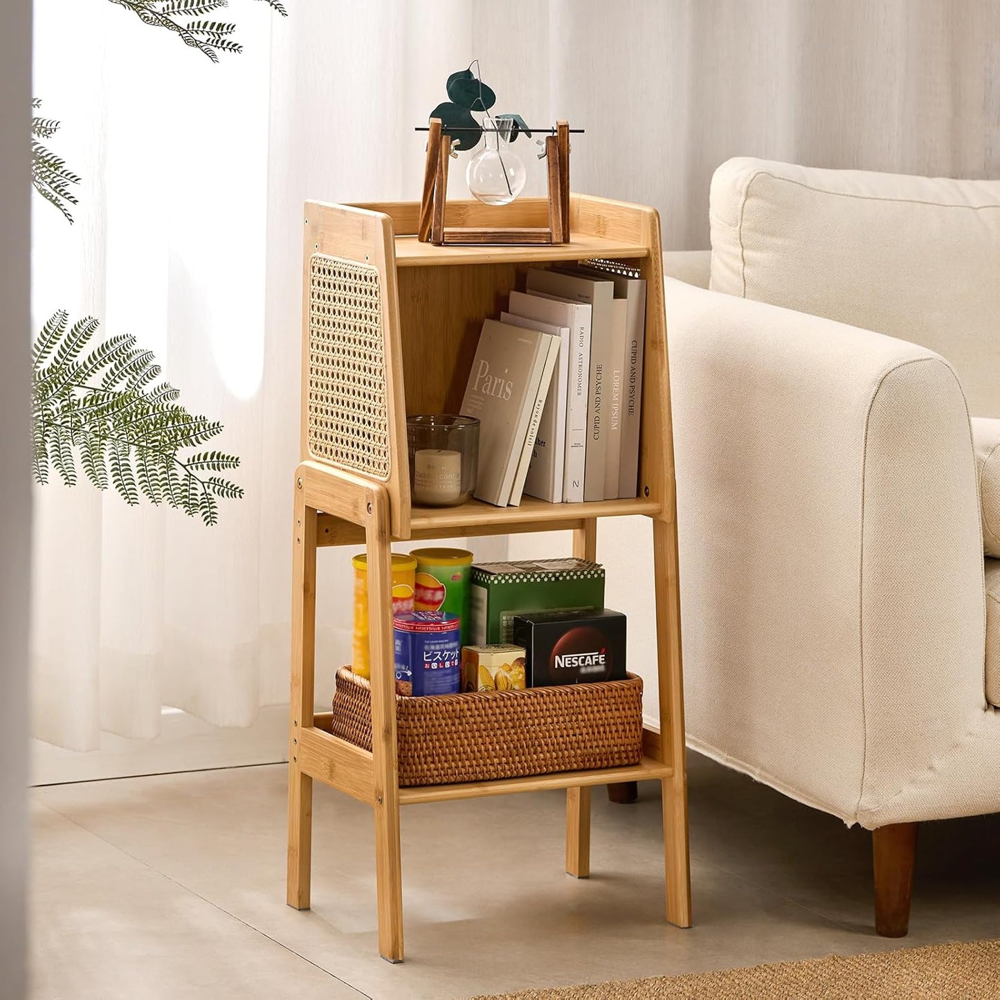 Welnow Bamboo Rattan Bookcase with Cabinet, 1-Tier Storage Shelf with Side Table & End Table Function, Large Modern Wood Organizer for Living Room or Bedroom, Natural Bookshelf