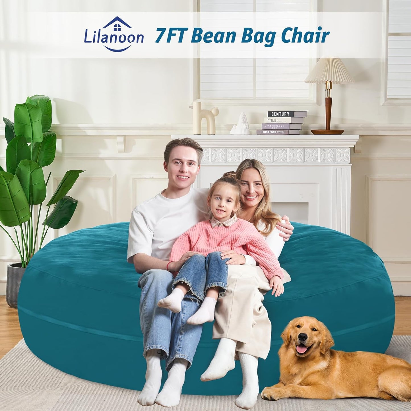 7FT Bean Bag Chair with Ultra Soft Velvet Cover Bean Bag Sofa with Memory Foam Bean Bag Chairs with Large Size Lazy Sofa for Dorm Office Living Room Bedroom Sea Blue 7'