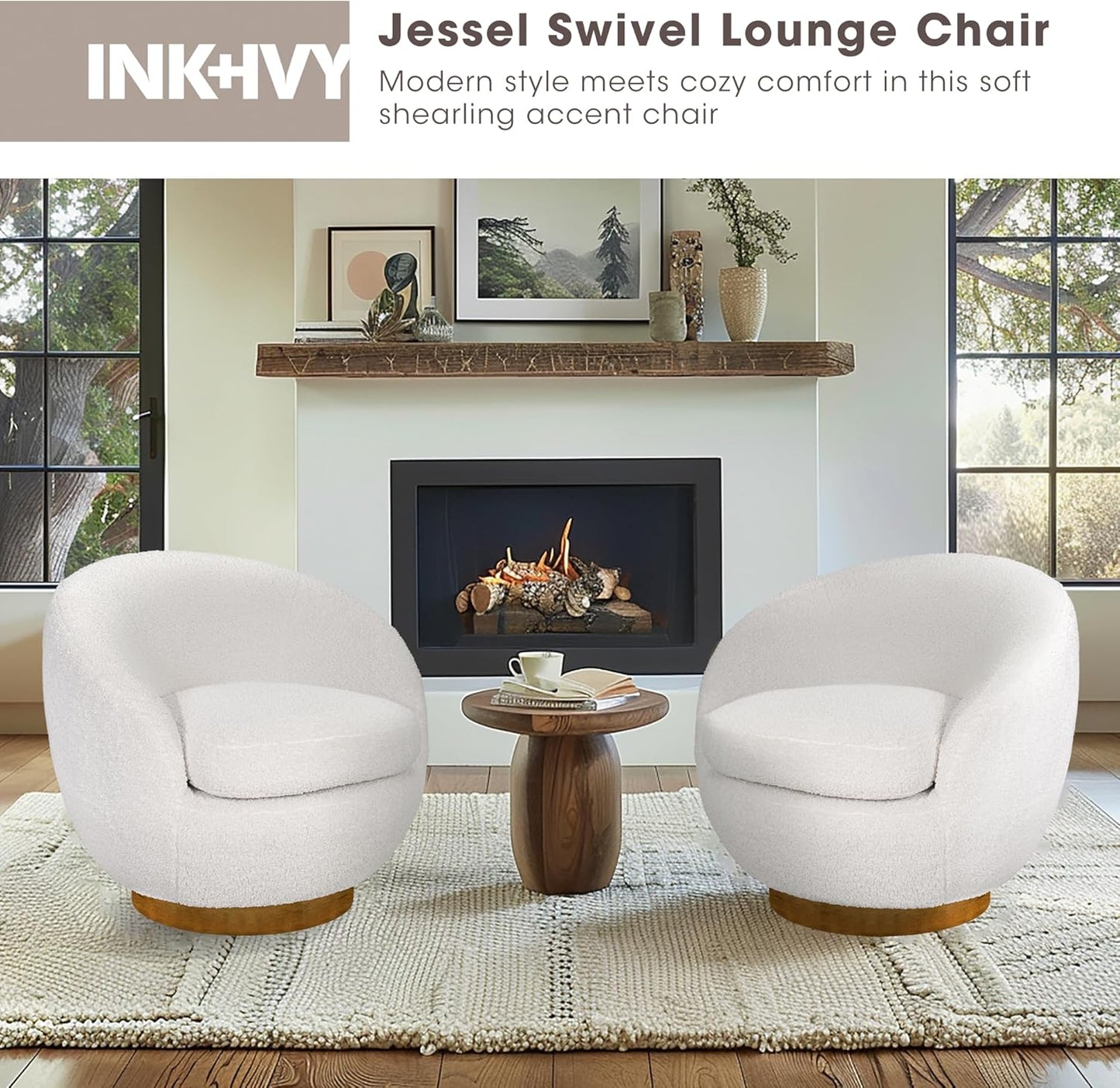 INK+IVY Jessel Swivel Accent Chair – Barrel Back Design, Sherpa Upholstery, 360-Degree Wood Base, Modern Lounge Seating for Living Room or Bedroom, 32" W, Cream