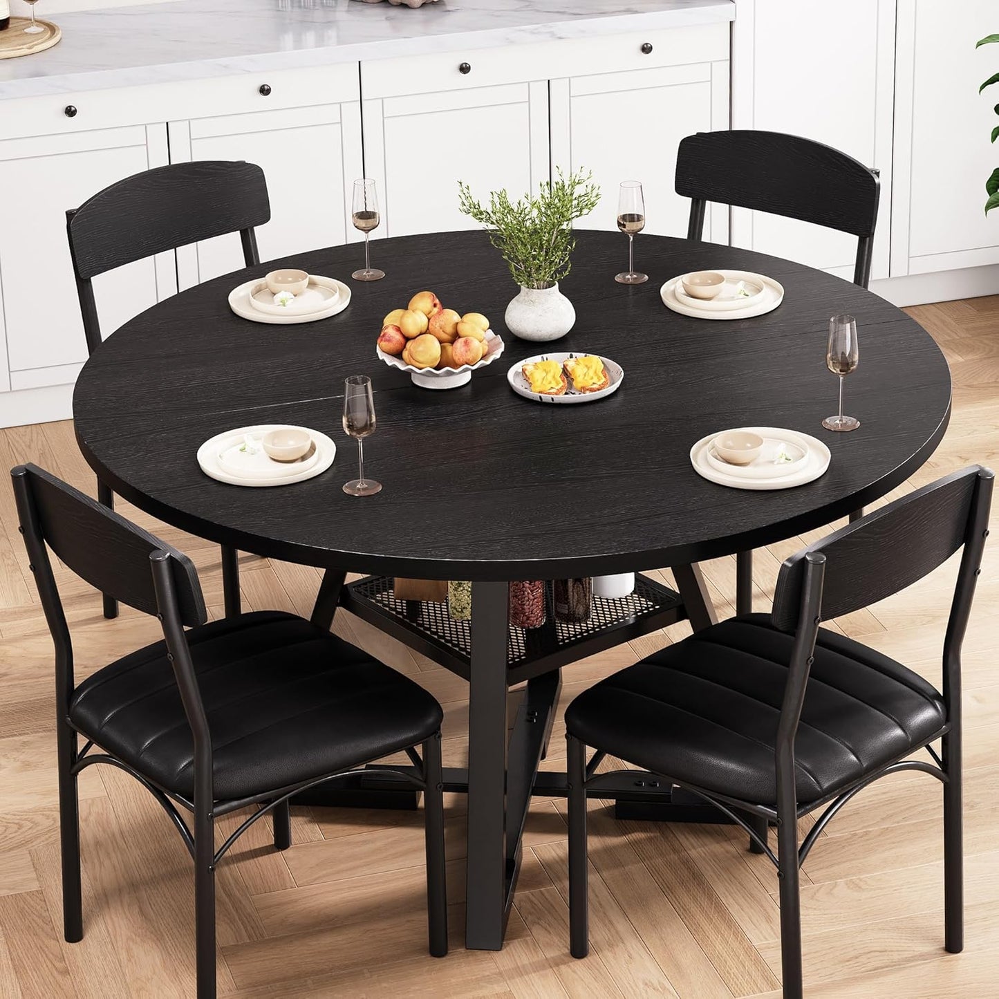 Round Dining Table Set for 4, Kitchen Table and Chairs for 4, Circle Table Round Pedestal Dining Room Dinner Dinette Table Set,5 Piece Space Saving Wood Kitchen & Dining Room Tables (Black, 47In)