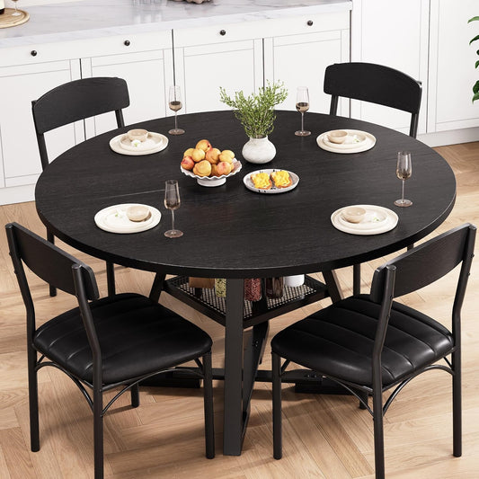 Round Dining Table Set for 4, Kitchen Table and Chairs for 4, Circle Table Round Pedestal Dining Room Dinner Dinette Table Set,5 Piece Space Saving Wood Kitchen & Dining Room Tables (Black, 47In)