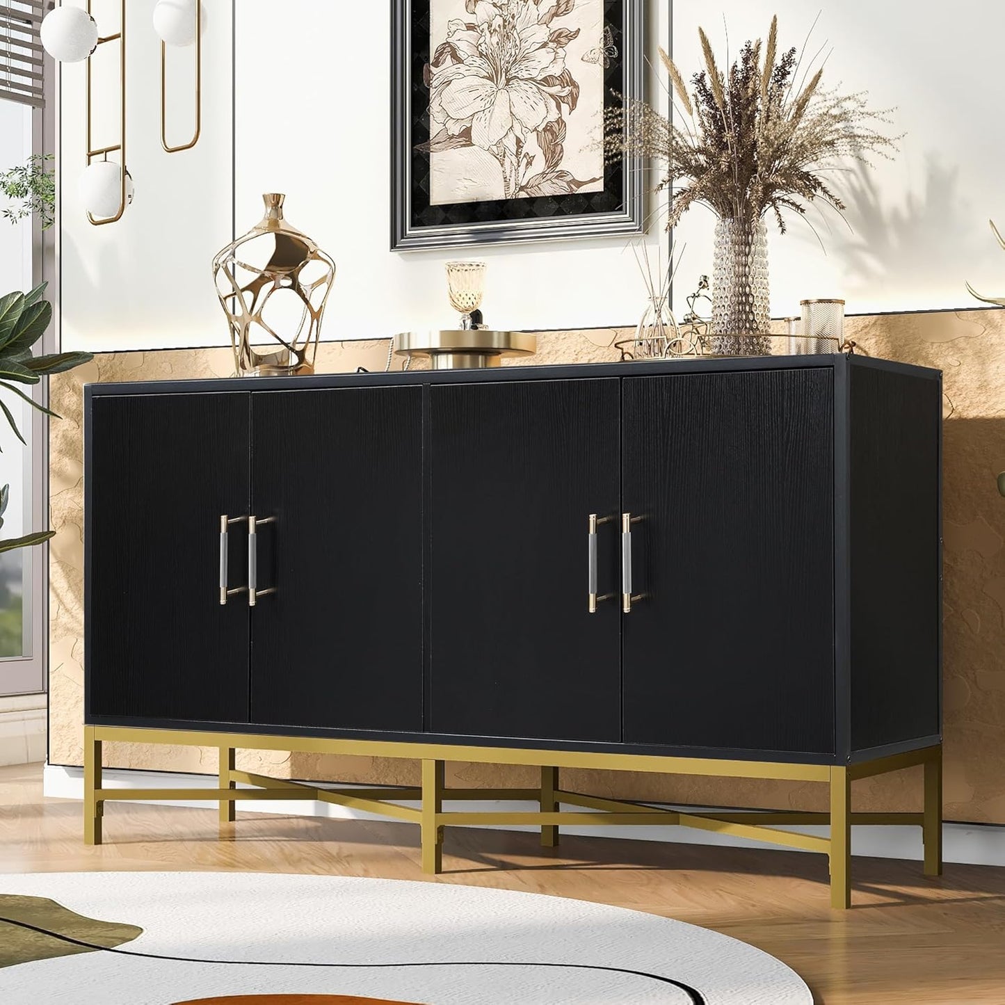 Merax Sideboard Buffet Cabinet with Storage, 4 Door Modern Cupboard w/Cross-Leg Design, Console Table for Kitchen, Dining/Living Room, Black