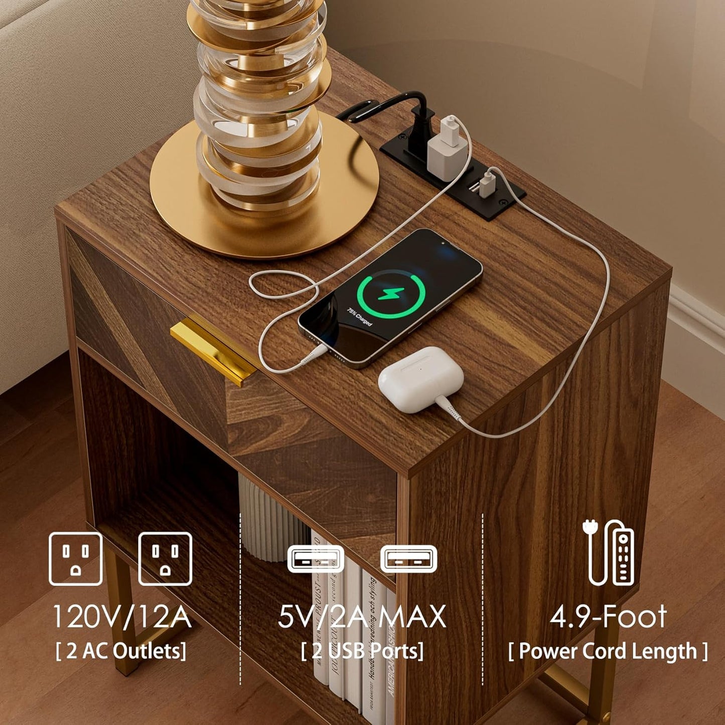 Masupu Nightstand with Charging Station,Modern Night Stand Boho Farmhouse Wood Bedside Table with Storage Drawer Side End Table for Bedroom,Living Room,Office,Walnut Brown with Outlet