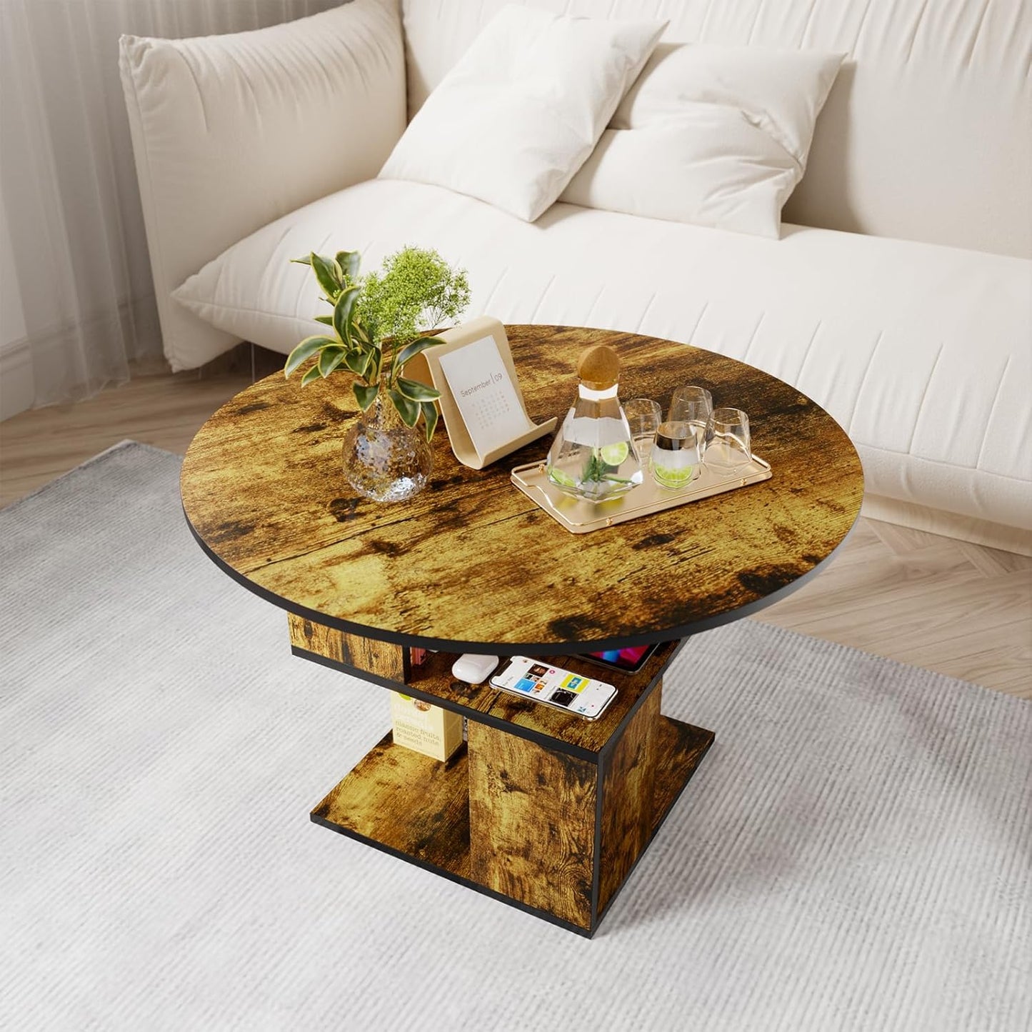 Elephance Round Coffee Table with Storage,3-Tier Coffee Table for Living Room,Wooden Tabletop-Caramel Brown with Black Frame