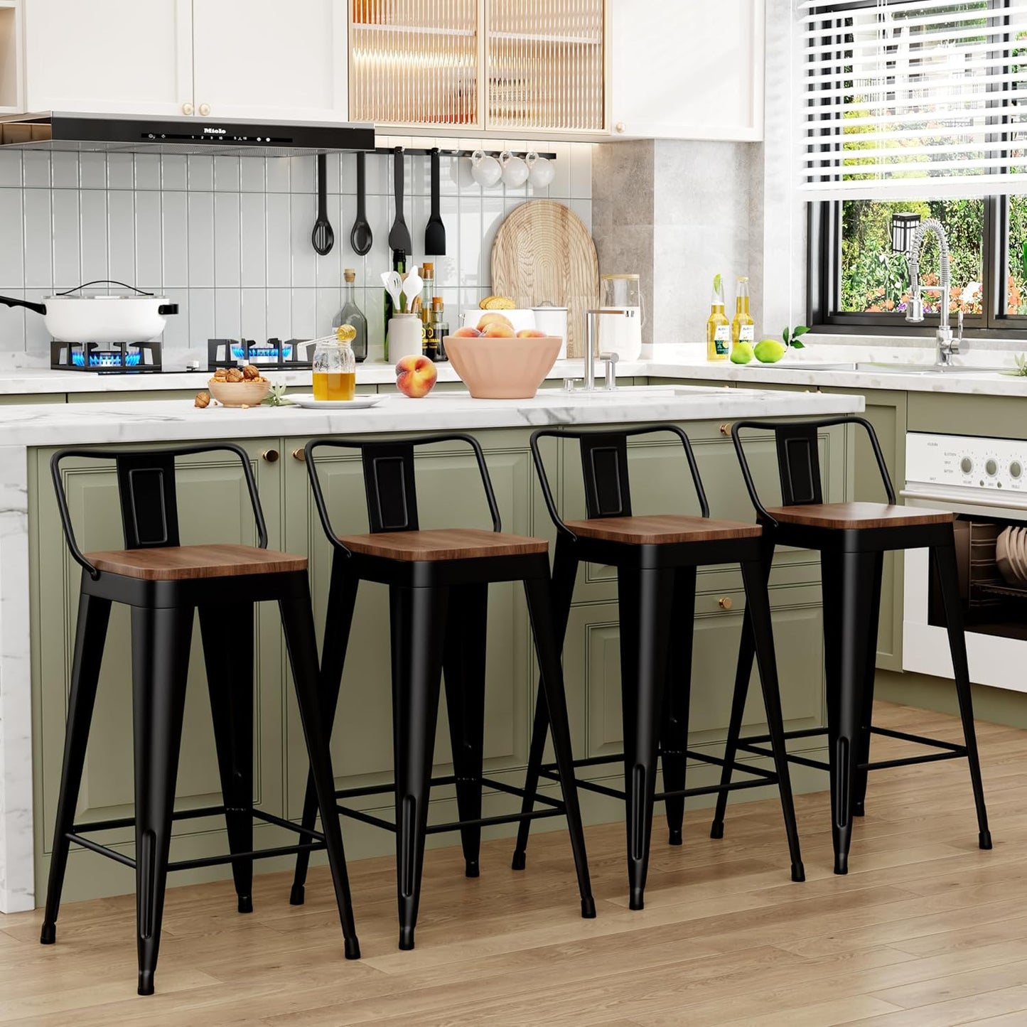 WENTMENT Metal Bar Stools Set of 4 Counter Height Barstools with Removable Back 26" Kitchen Bar Stools with Wooden Seat, Black