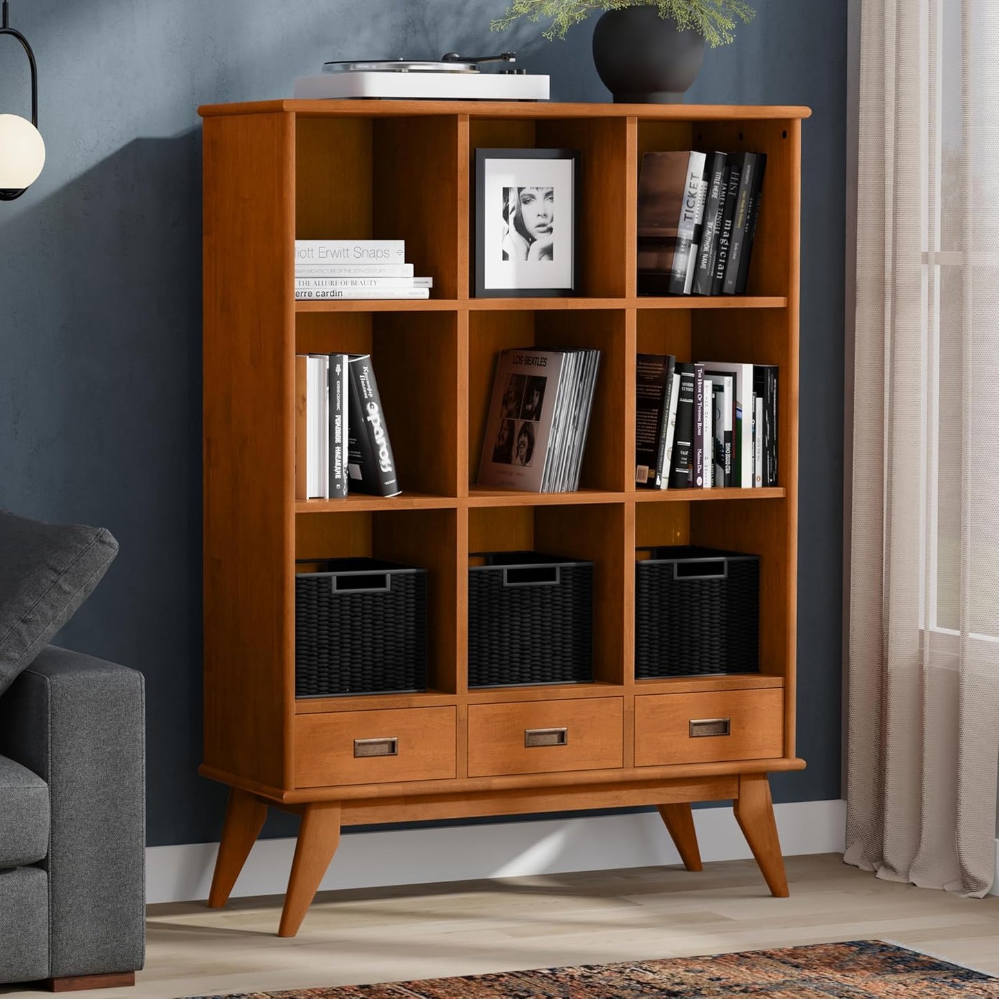 SIMPLIHOME Draper Bookcase - 58 inch Tall 9-Cube Solid Hardwood Cube Organizer with Drawers in Teak Brown, Mid-Century Storage for Living Room, Entryway or Bedroom with Cubbies and Angled Legs