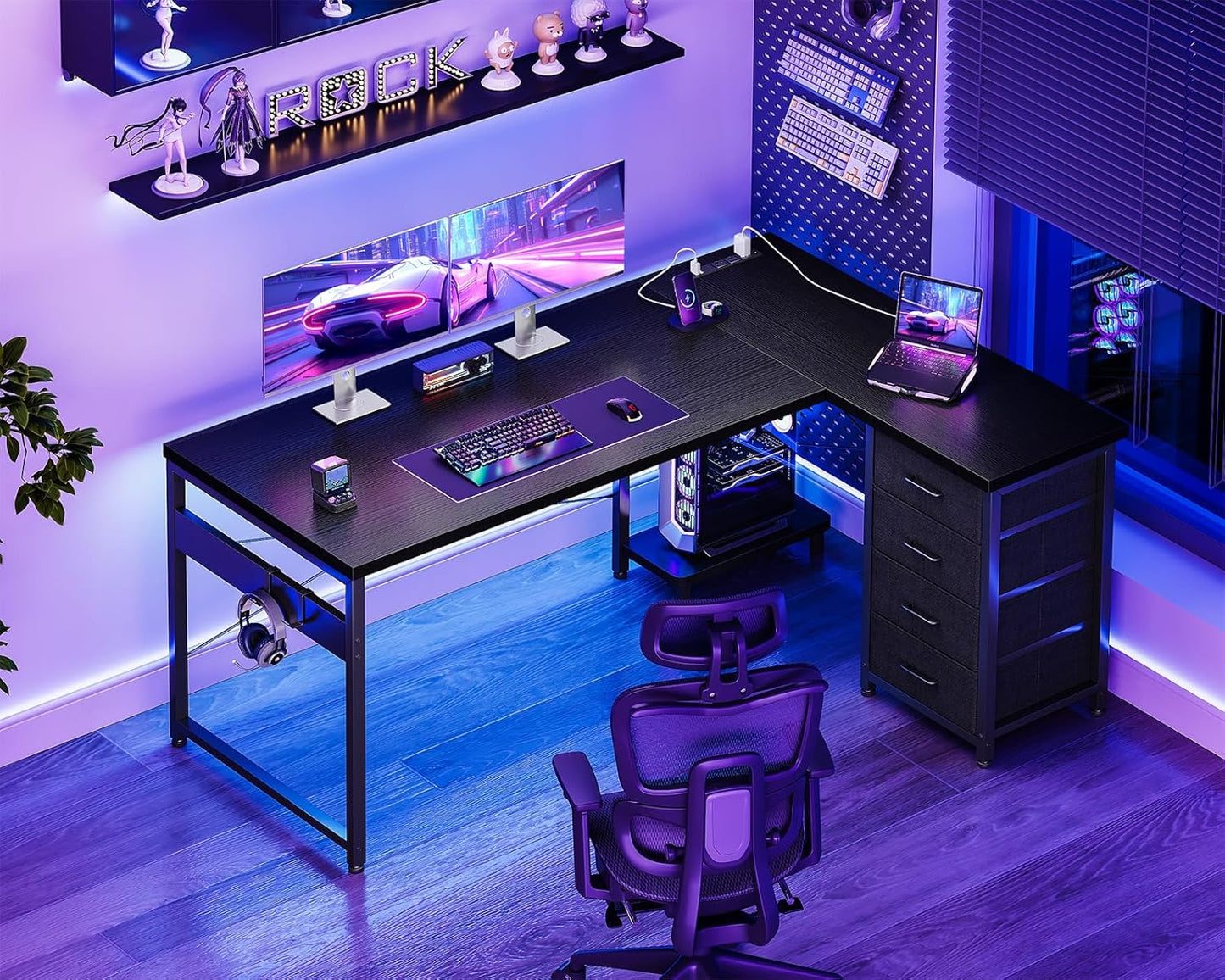 AODK L Shaped Gaming Desk with 4 Drawers, 53" Reversible Home Office Desks with Power Outlets, L Shaped Computer Desk with USB Charging Port and Host Stand, Corner Desk, Easy to Assemble, Black