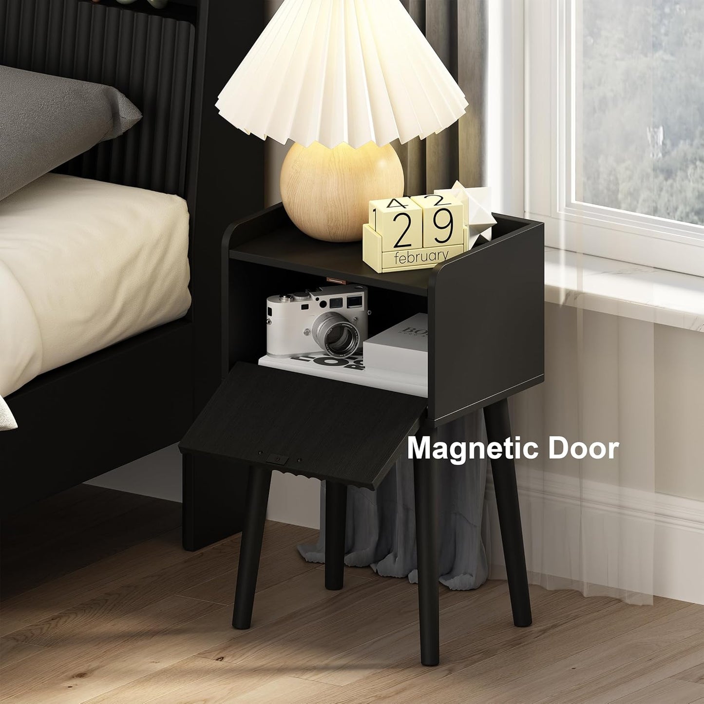 LAATOOREE Nightstand Set of 2, Small Bed Side Table with Fluted Door, End Table with Solid Wood Legs, Mid-Century Bedside Table for Bedroom Small Space