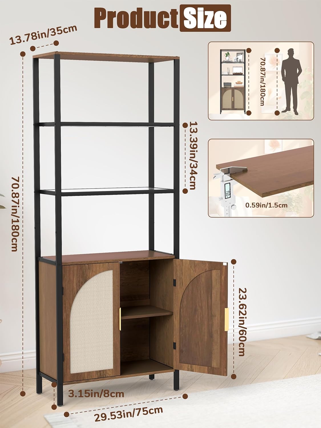 5 Tier Rattan Bookcase with Light 71" Tall Boho Bookshelf with Doors Large Bookcase with Adjustable Shelf Farmhouse Storage Cabinet Bookshelves for Living Room Bedroom Home Office Kitchen