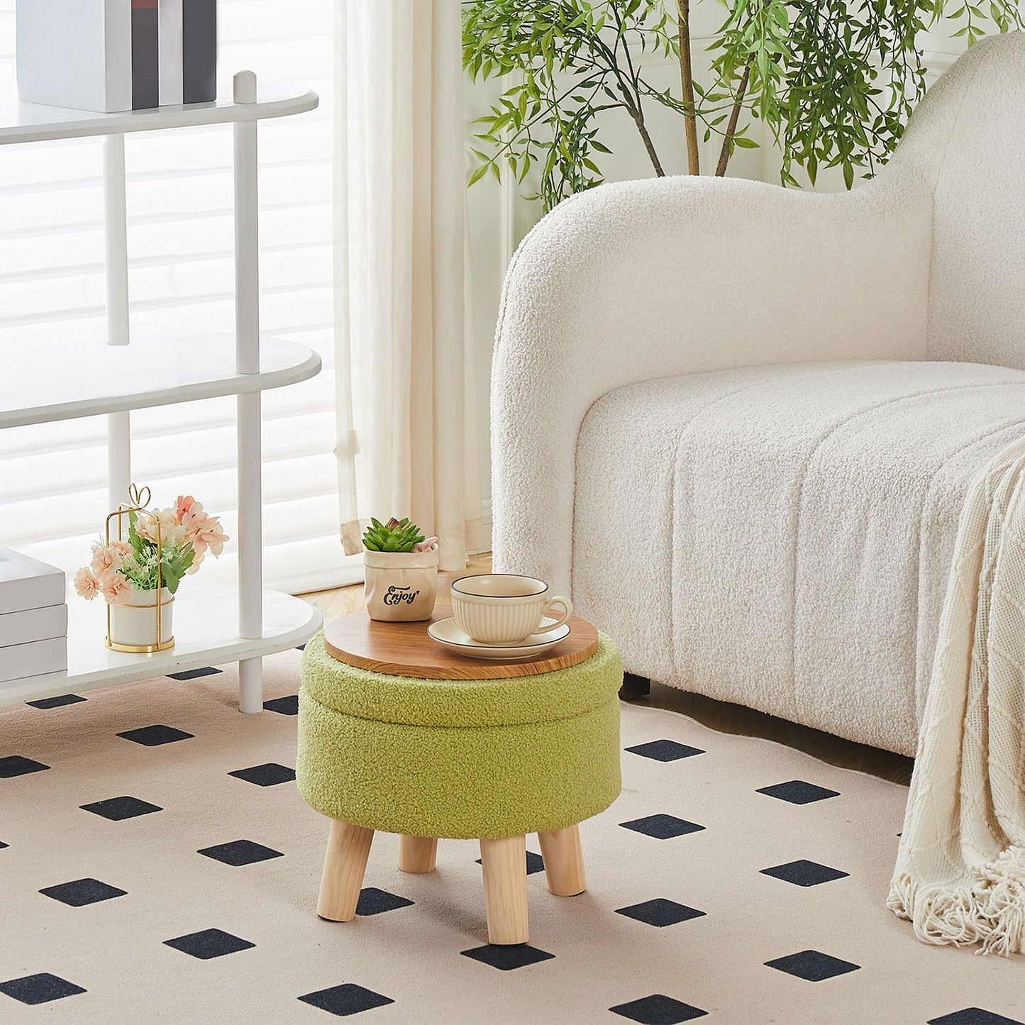 Wimarsbon Storage Ottoman, Modern Round Footrest with Soft Padded Seat, Teddy Velvet Footstool with Wood Legs, Accent Small Table or Plant Stand for Hallway, Living Room (Brilliant Green)