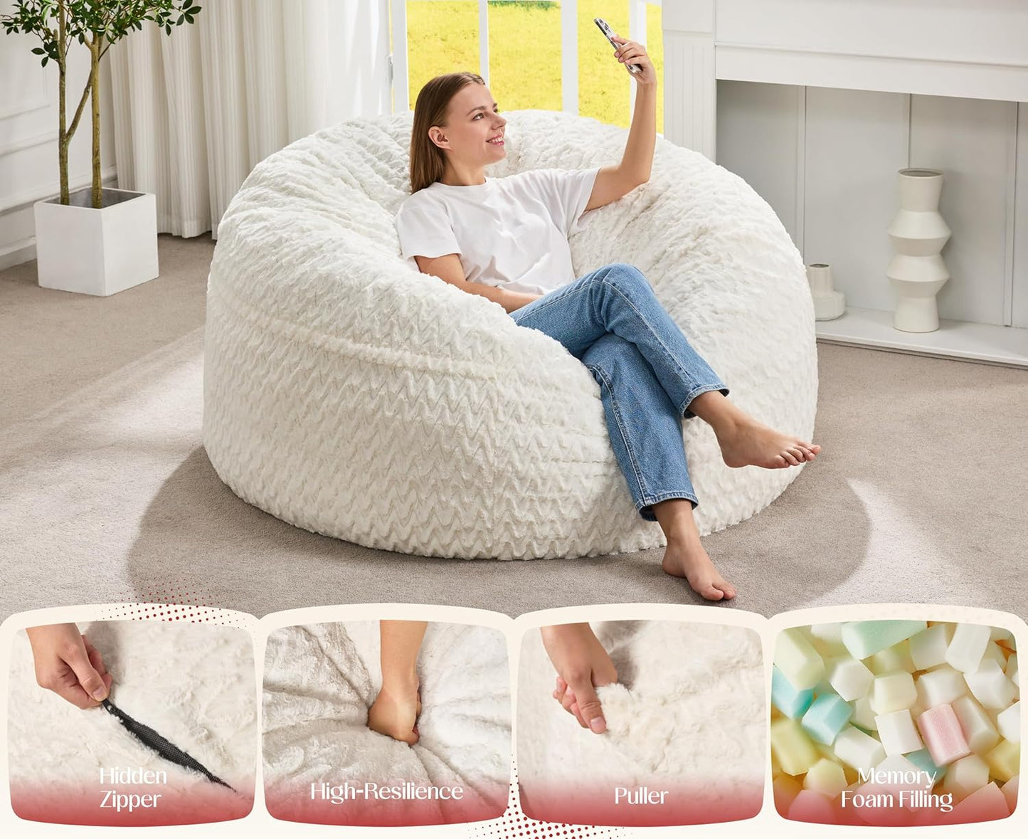 Hobestluk Bean Bag Chair Convertible Beanbag Chairs for Adults, 3 in 1 Bean Bags with Plush Chevron Cover, Adult Bean Bag Chair for Living Room, Bedroom (White, Queen)